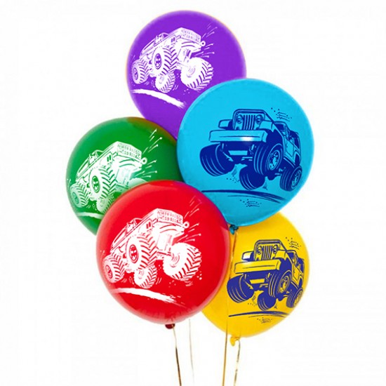 Воздушные шары с рисунком, Воздушный шар латексный 12" стандарт (ПАСТЕЛЬ) ассорти 5 шт. "Крутые тачки",  (1 шт.), 40.50 р. за 1 шт.